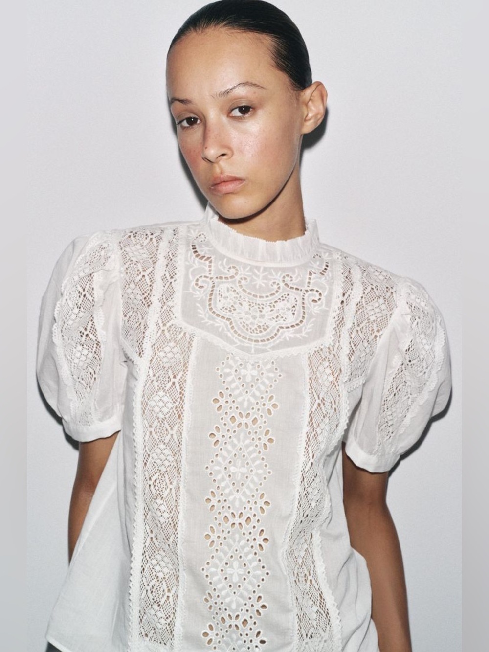 Zara ZW Collection Romantic Lace Embroidered Blouse White XS NWT Cotton